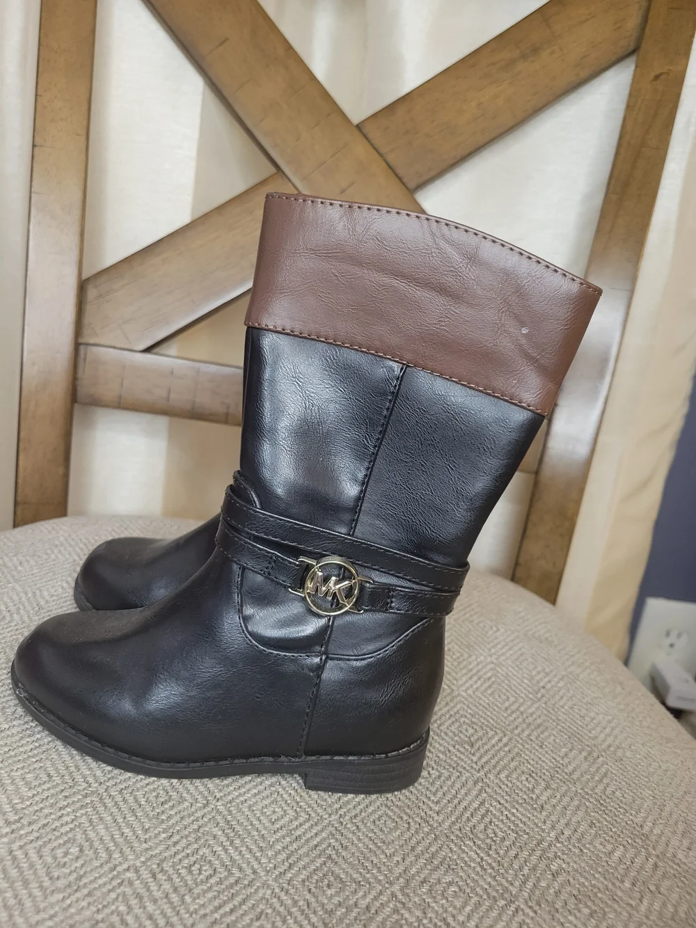 Michael Kors Black & Brown Mid-Calf Boots with Gold Logo Accent